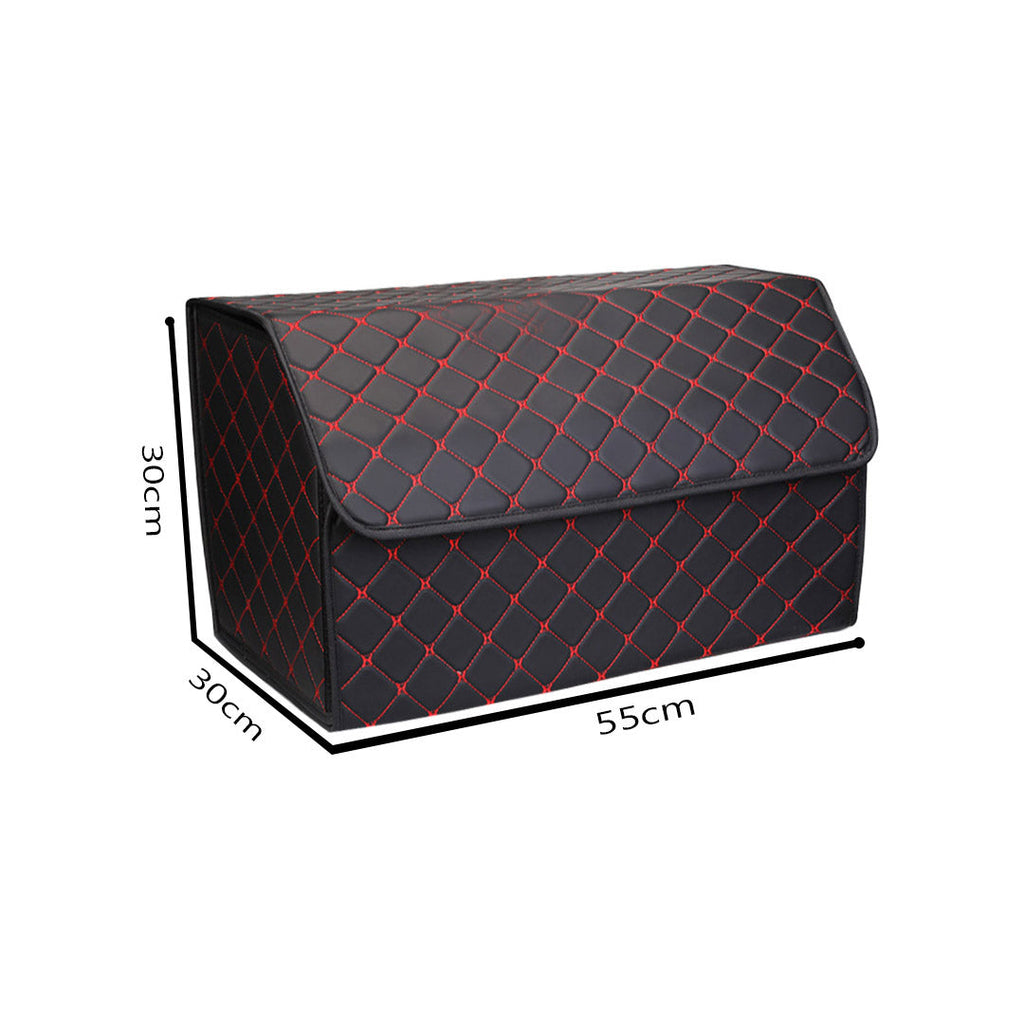 NNEAGS Leather Car Boot Collapsible Foldable Trunk Cargo Organizer Portable Storage Box Black/Red Stitch Large