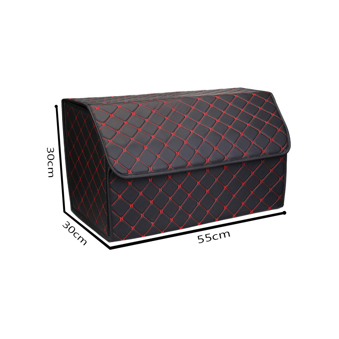 NNEAGS Leather Car Boot Collapsible Foldable Trunk Cargo Organizer Portable Storage Box Black/Red Stitch Large