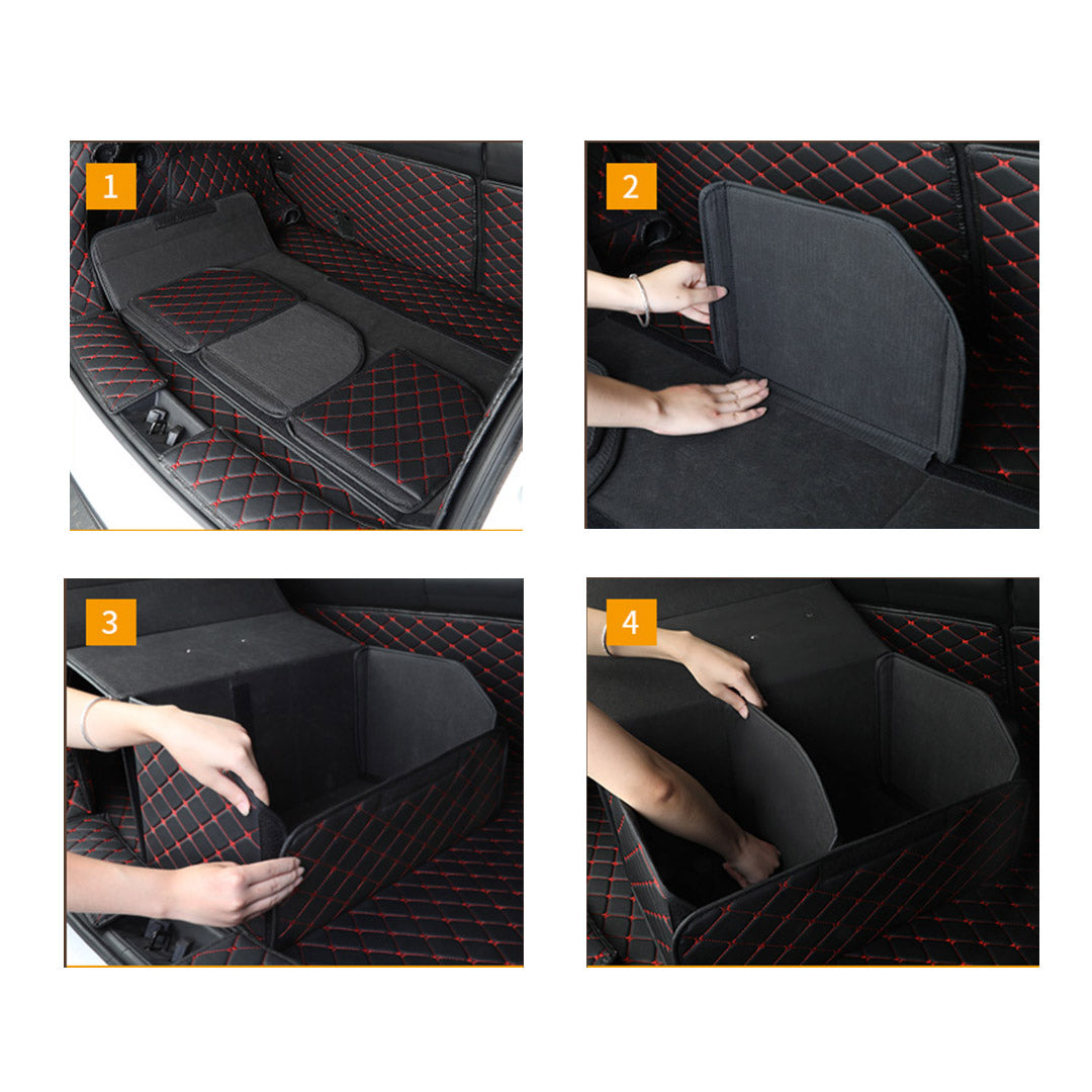NNEAGS Leather Car Boot Collapsible Foldable Trunk Cargo Organizer Portable Storage Box Black/Red Stitch Large